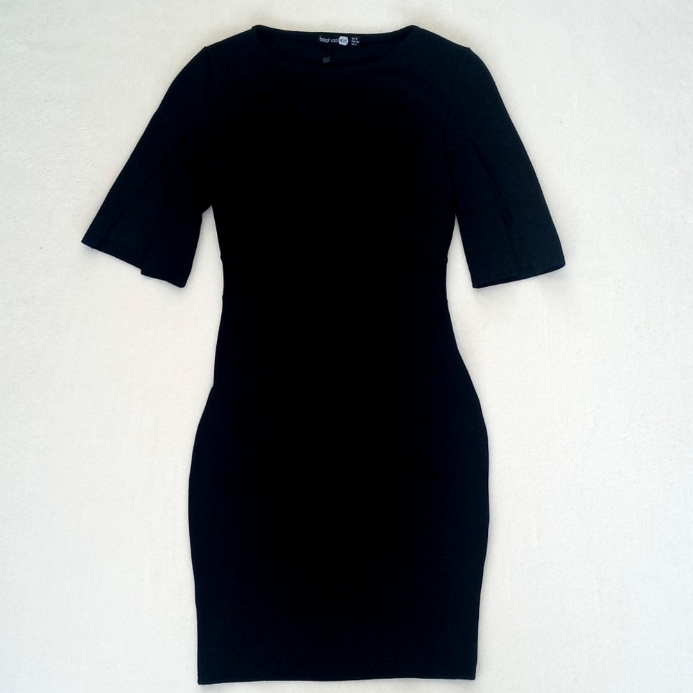 *Relisted* BooHoo "Nelly" Black Bodycon Mini Wiggle Dress 3/4 Split Sleeves 4 - Picture 2 of 10